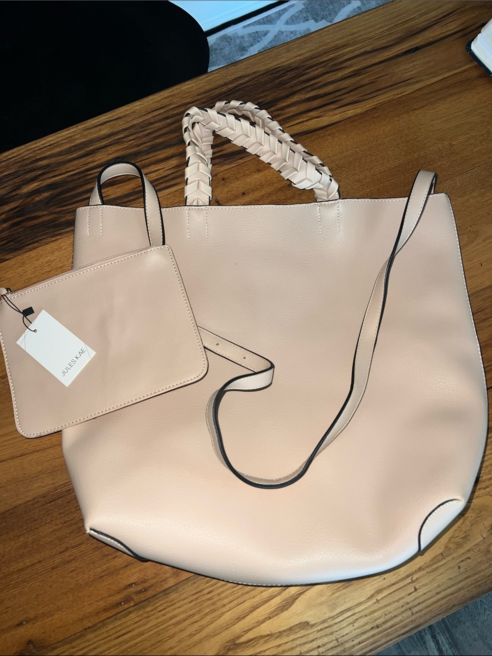 Blush Braided-Handle Tote with Detachable Pouch Jules Kae new purse bag